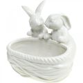 Nyulak fészekkel, asztaldísz, húsvéti fészek, porcelán dekoráció, dísztál fehér L15cm H11cm