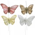 Csillámos pillangók, esküvői dekoráció, díszdugók, tollpillangó sárga, bézs, rózsaszín, fehér 9,5×12,5cm 12db