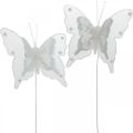 Pillangók gyöngyökkel és csillámmal, esküvői dekoráció, tollpillangók fehér dróton