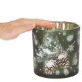 Üveg mécsestartó fenyőtobozokkal és hópelyhekkel, 15 cm | Floristik24.hu