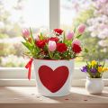 Fehér virágcserép piros szívvel, ültető, Ø13cm M10.5cm | Floristik24.hu